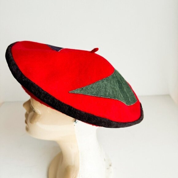 Vintage Unique Red Wool Patchwork Detail Beret main image 5